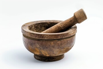 Realistic photograph of a complete Mortar and pestle,solid stark white background, focused lighting