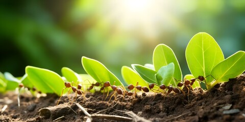 A row of worker ants searching for food in a line. Concept Insect behavior, Colony organization, Worker ants, Foraging habits, Social insects