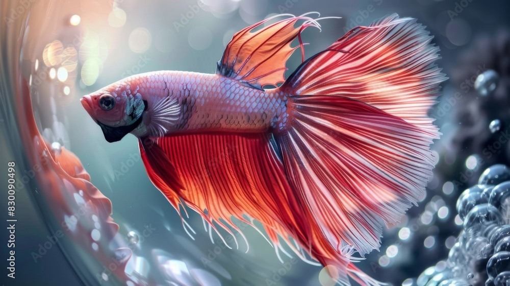 Poster a betta fish gracefully gliding through the water, its long, flowing fins trailing behind in a mesme