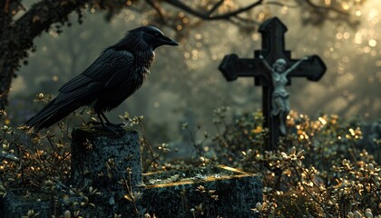 Crow on Cemetery with Coffin and Mummy  Halloween Horror Scene