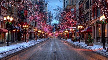 Naklejka premium Photo of a city street adorned with colorful Christmas lights and decorations during the evening, creating a festive atmosphere.