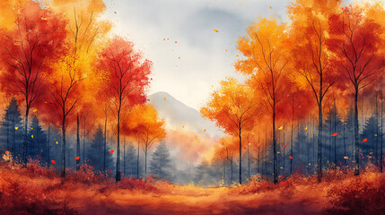 A painting of a forest with trees in autumn colors