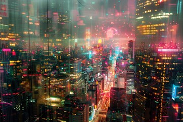 Obraz premium city from above, with neon lights, glass buildings, and skyscrapers in a cyberpunk style. Colorful and hyperrealistic with a cinematic, photographic style using depth of field and bokeh effects