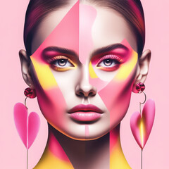 A striking portrait of a woman with geometric face paint in pink and yellow hues, complemented by bold makeup and unique heart-shaped earrings on a pink background.