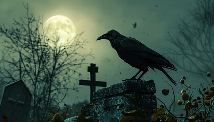 Crow on Cemetery with Coffin and Skeleton  Halloween Horror