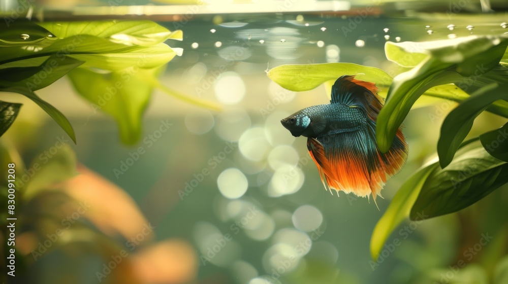 Aufkleber a betta fish resting on a leaf hammock near the surface of the water, enjoying a moment of relaxatio