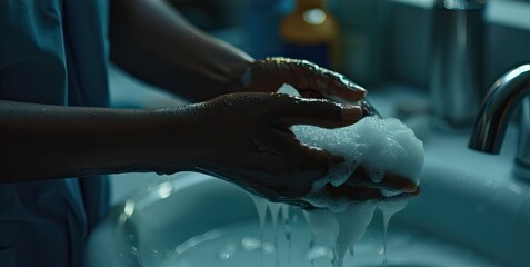 a medical professional's hands as they meticulously lather soap, highlighting their dedication to cleanliness and meticulous care in healthcare settings.