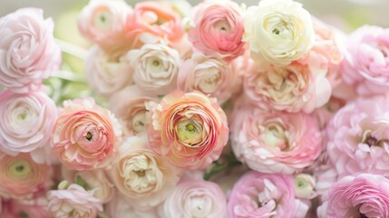 Close-up photo of delicate ranunculus flowers in soft pastel colors, set against a blurred, dreamy background.