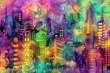 dreamlike cityscape bathed in swirling neon lights, casting reflections on glistening wet streets. The vibrant colors and flowing lines create an abstract and captivating skyline