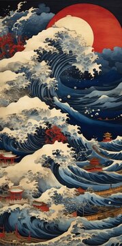 illustration of sea waves in ancient Japanese style