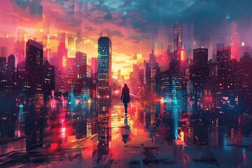 Fototapeta premium Rain-slicked cyberpunk cityscape at night, neon lights of skyscrapers shimmering on wet pavement, creating a mesmerizing reflection.