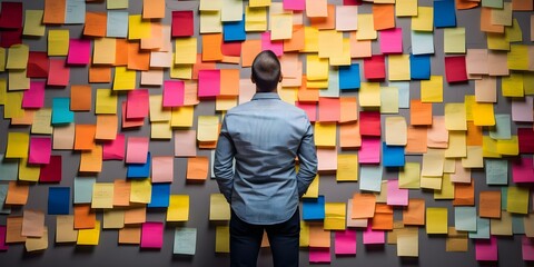 Person pondering wall with colorful sticky notes. Concept Colorful Sticky Notes, Organized Chaos, Mind Mapping, Creative Thinking, Wall of Ideas