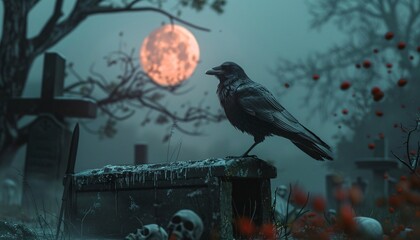 Crow on Cemetery Beside Coffin and Skull  Bloody Halloween Horror