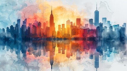 Skyline Symphony: Reflective Hues on a White Canvas