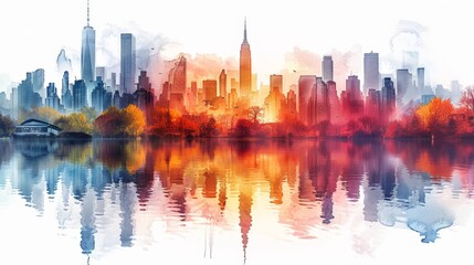 Obraz premium Skyline Symphony: Reflective Hues on a White Canvas
