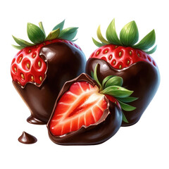 Three chocolate covered strawberries with a half strawberry on the right