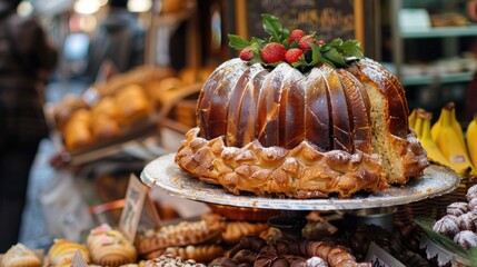 A common cake from Naples known as baba in a marketplace