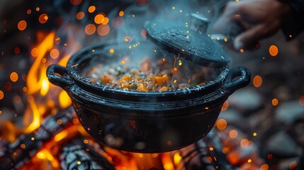 Photo of a black cast-iron pot with a lid, cooking over an open fire, with sparks and flames in the background, and a savory stew inside.