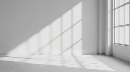 Obraz premium Minimal abstract light gray background for product presentation. Windows on the white wall cast soft shadows and light.Warm Light and Soft Shadows Streaming Through Minimalist Gray Wall Window - Seren