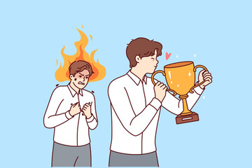 Envy overcomes business man looking at colleague kissing trophy cup for professional skills. Guy with flame above head gets angry out of envy at competitor, managed to achieve success in career
