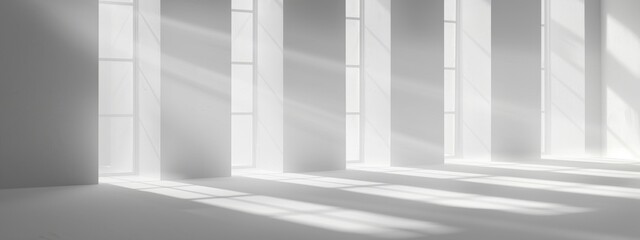 Obraz premium Warm Light and Soft Shadows Streaming Through Minimalist Gray Wall Window - Serene Abstract Background for Product Presentation