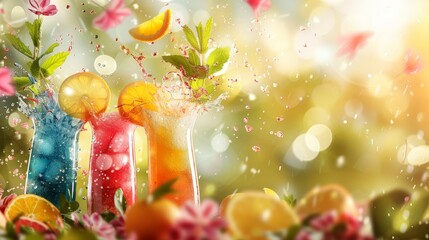 Illustration of three colorful cocktails with splashing liquid and lemon slices. The image is lively and bright, featuring a summer outdoor setting with bokeh effects and flying petals. - Powered by Adobe