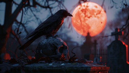 Creepy Crow in Cemetery with Coffin Skull and Blood for Halloween Horror