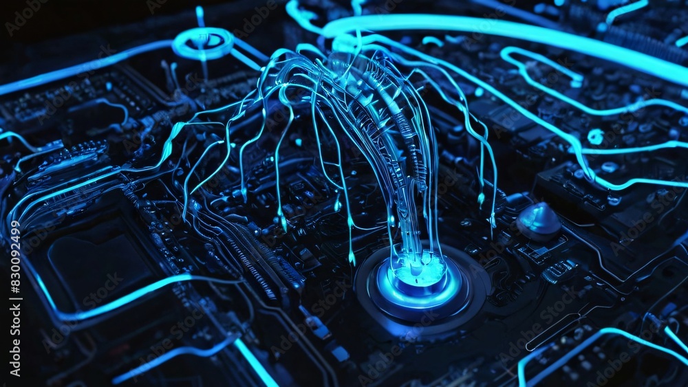 Poster a close-up of a computer motherboard with blue lights illuminating the intricate circuitry.