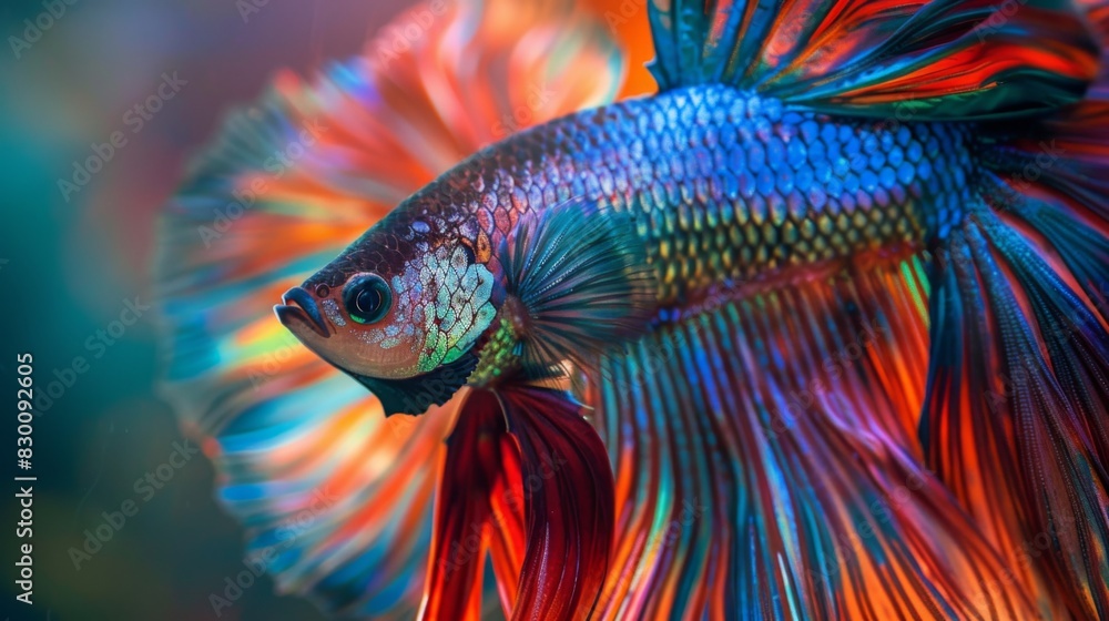 Poster a close-up of a betta fish's shimmering scales, with iridescent colors reflecting the light in a daz