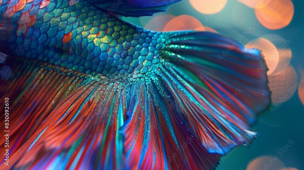 Poster a close-up of a betta fish's shimmering scales, with iridescent colors reflecting the light in a daz