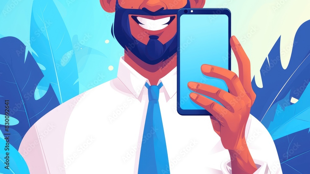 Poster a cheerful businessman proudly displaying the newest smartphone model holds up the sleek device with