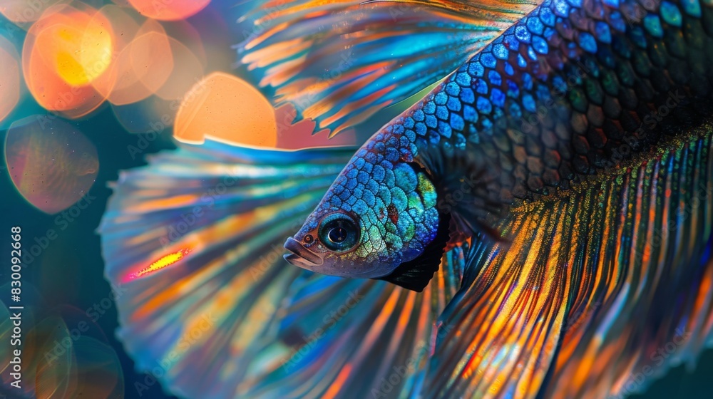 Poster a close-up of a betta fish's shimmering scales, with iridescent colors reflecting the light in a daz