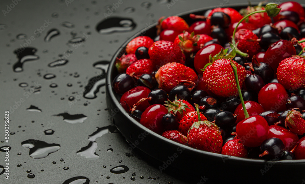 Poster Berries on a black plate on a black background