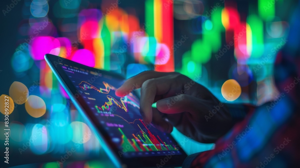 Poster a close-up of a businessman analyzing stock market graphs and charts on a tablet device, making info