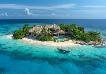 A private island retreat, powdery white sands meet azure waves, paradise untouched. Luxurious villas offer privacy, hammocks sway, inviting guests to unwind in style.