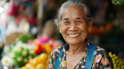 Southeast Asian old woman wearing fruit seller smiling , rural countryside local market stall shop atmosphere