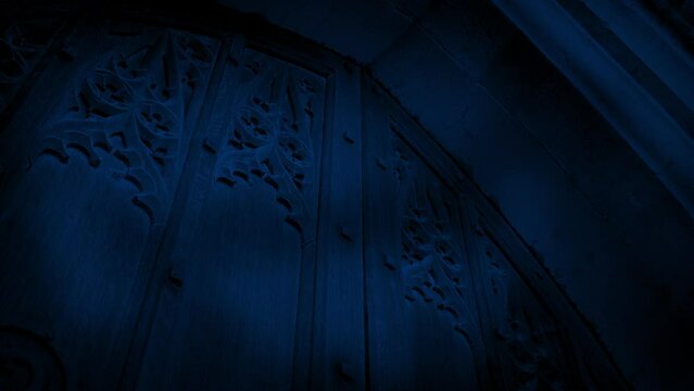 Monster Shadows Over Medieval Door At Night

