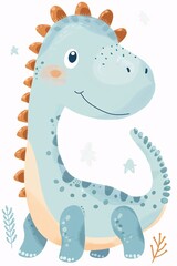 Obraz premium Cute big head light blue dinosaur watercolor illustration in white background. 