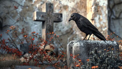 Crow on Cemetery Beside Coffin and Skull  Halloween Horror Scene