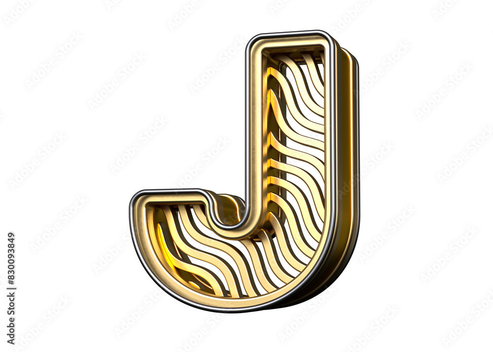 Poster golden letters character j with wavy line pattern. premium 3d typography great for headers, posters,