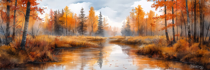 A painting of a forest with a river running through it