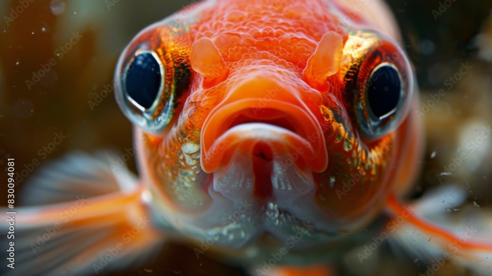 Poster a close-up of a goldfish's face, its expressive eyes and delicate features adding charm and personal