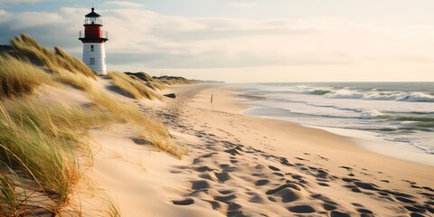 Picturesque Beach on Sylt Island, Germany: White Sand, Waves, and Lighthouse. Concept Beach, Sylt Island, Germany, White Sand, Waves, Lighthouse
