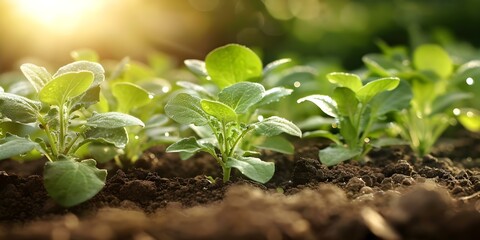 Emerging sprouts in fertile soil: A showcase of sustainable agriculture and efficient water consumption. Concept Sustainable Agriculture, Water Consumption, Fertile Soil, Emerging Sprouts