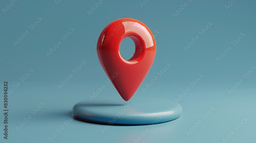 Poster 3d illustration of a red map pin icon hovering above a blue surface, symbolizing location and naviga