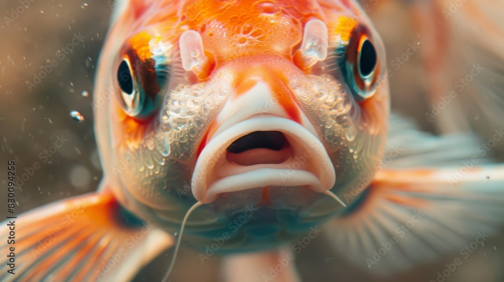 Poster A close-up of a goldfish's face, its expressive eyes and delicate features adding charm and personality to the aquatic scene.