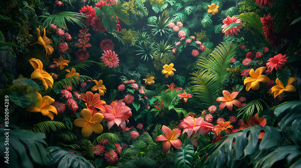 Wall mural a lush green jungle with a variety of flowers, including pink and yellow ones - Wall murals