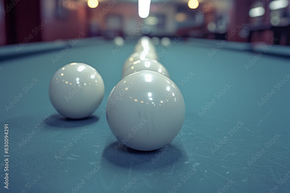 Poster scene showing a diagonal line approaching a cluster of billiard balls, creating a sense of anticipat