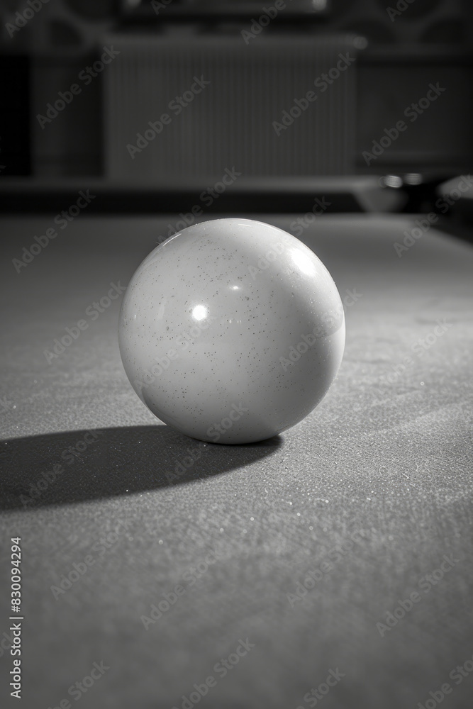 Poster image with a curved line elegantly touching the top of a billiard ball, suggesting a controlled, gen