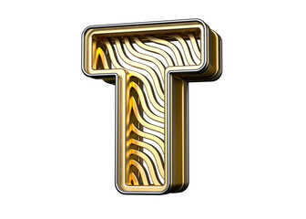 Golden typography letter T with wavy line pattern. High-resolution and realistic fonts great for headers, posters, advertisements or web projects. Highly detailed 3D rendering.